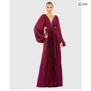 Mac Duggal Burgundy Wine Long-Sleeve Pleated Cut-Out Gown